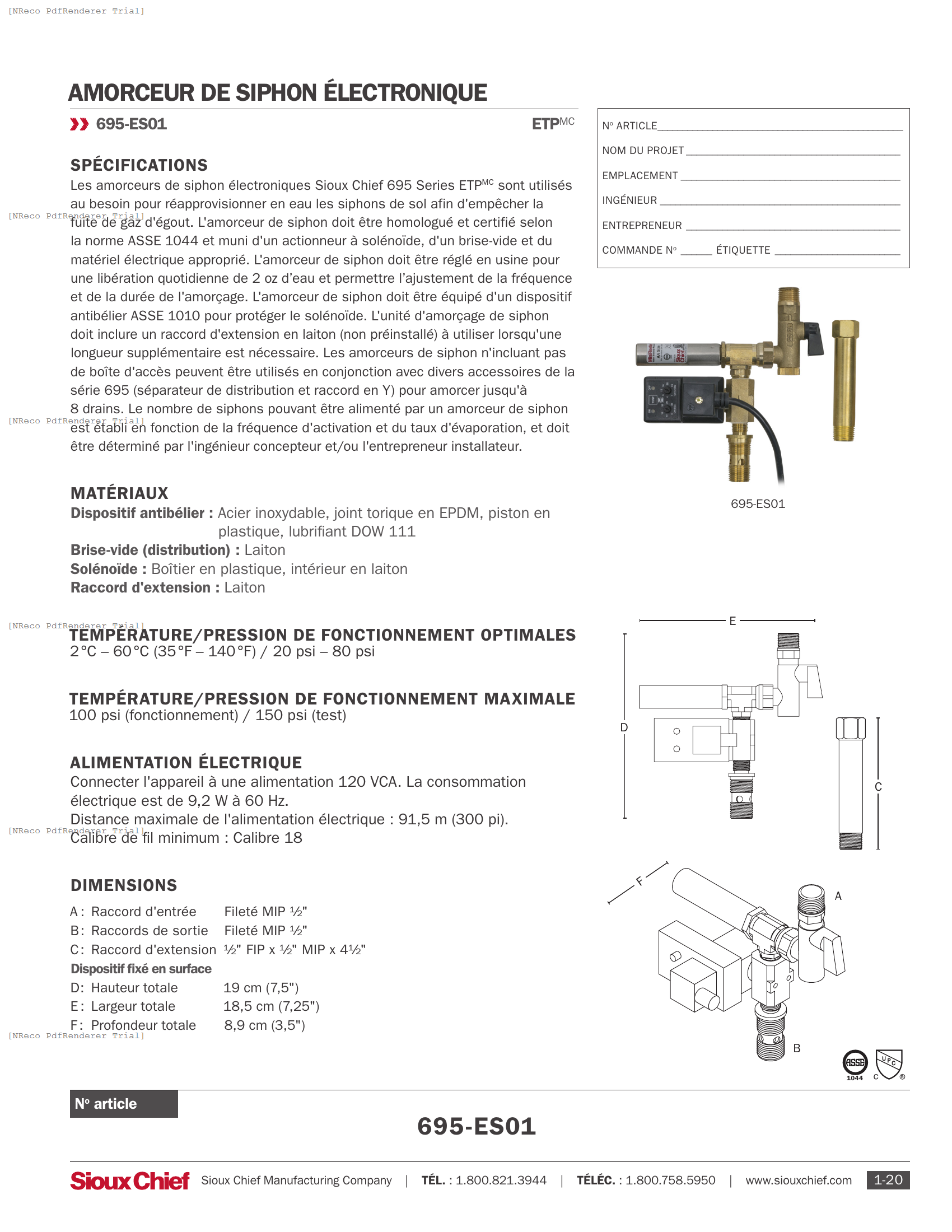 695-ES01 - ELECTRONIC TRAP PRIMER - SPEC SHEET_FR.PDF Specification Document